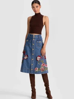 Alice and Olivia DAHLIA EMBROIDERED DENIM SKIRT