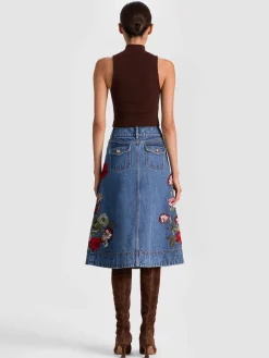 Alice and Olivia DAHLIA EMBROIDERED DENIM SKIRT