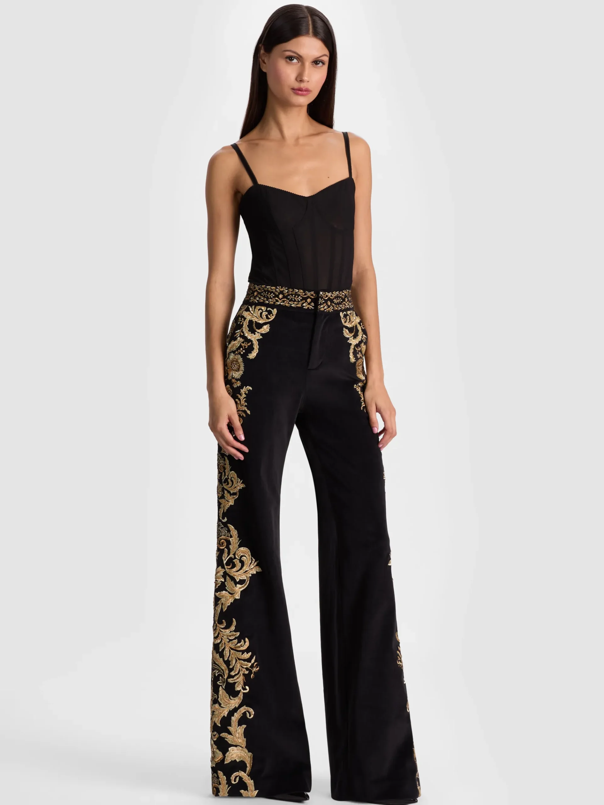 Alice and Olivia DYLAN EMBROIDERED VELVET PANT