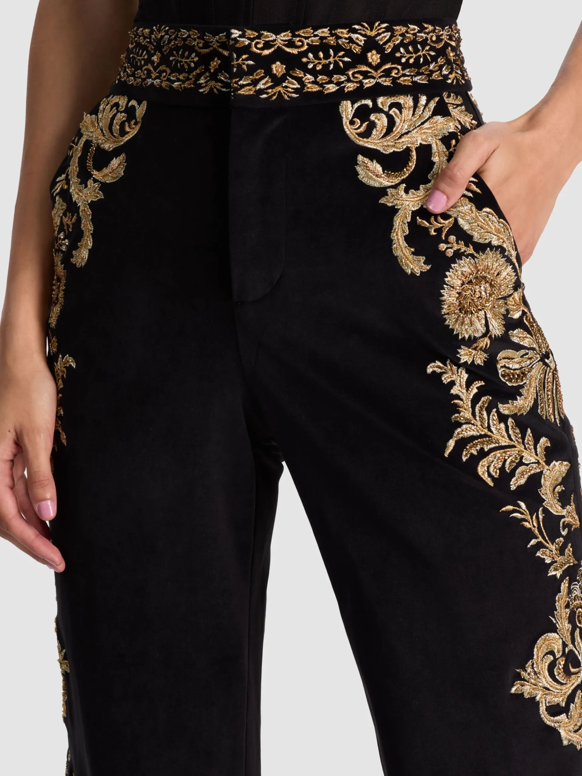 Alice and Olivia DYLAN EMBROIDERED VELVET PANT