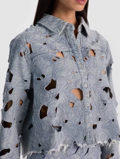Alice and Olivia FINELY LASER-CUT DENIM SHIRT