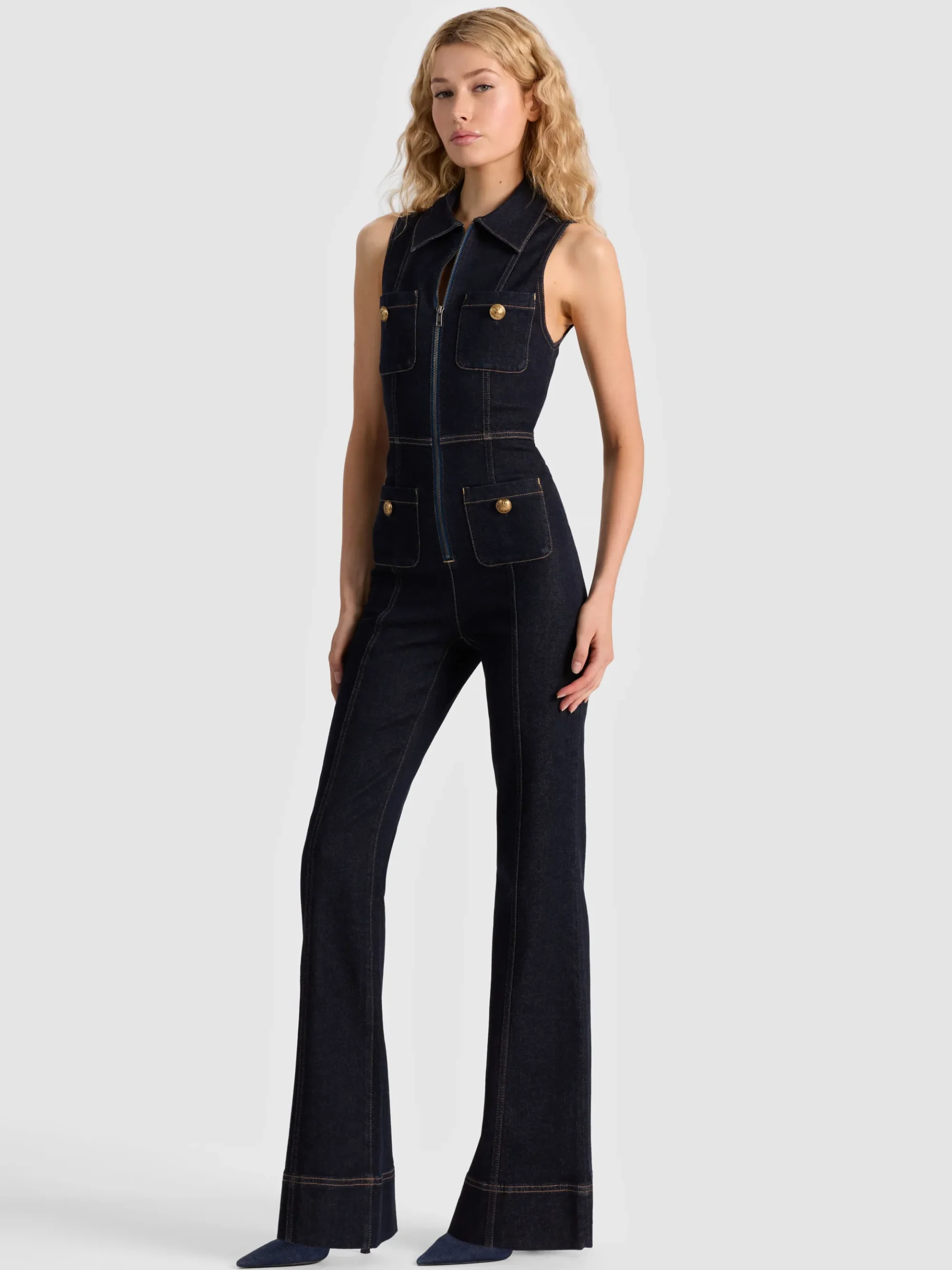 Alice and Olivia RACHEL SLEEVELESS DENIM JUMPSUIT